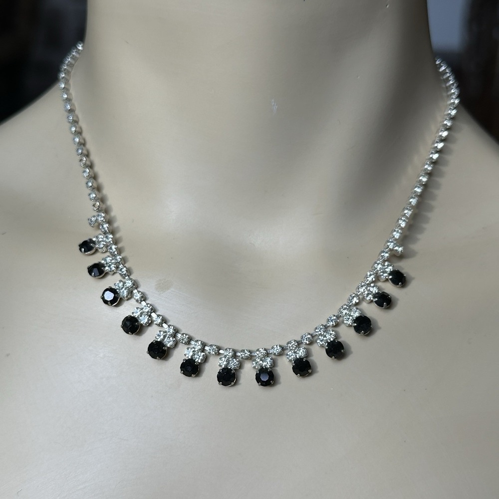 Vintage 18KGP Necklace Choker 15 Inch Black Clear Rhinestones Formal Mid Century
